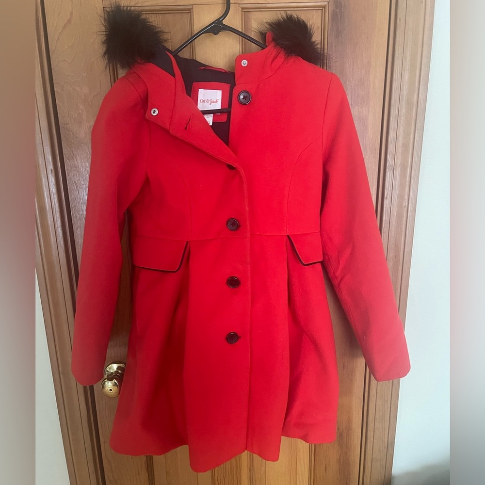 Cat & Jack Red Trench Coat with Faux Fur Trim